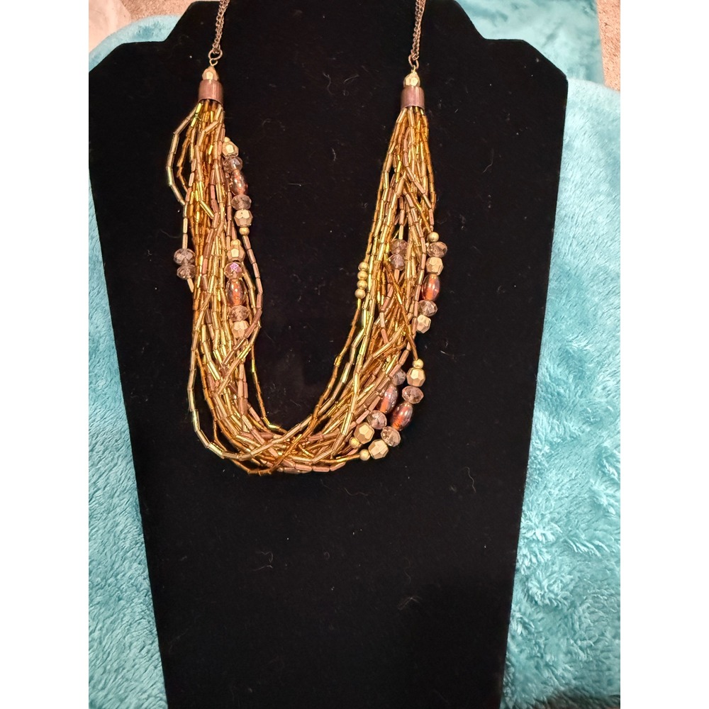 Gold Beaded Multi Strand Bib Necklace Amber Bronze Crystal Layered Statement 22"